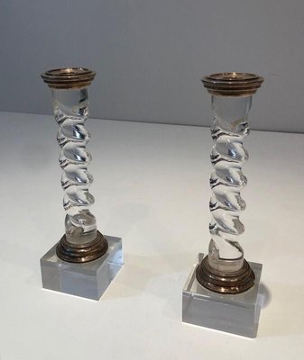 Twisted Candlesticks in Silver Plated Metal and Acrylic Glass, France, 1970s, Set of 2-BA-803684