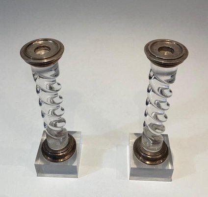 Twisted Candlesticks in Silver Plated Metal and Acrylic Glass, France, 1970s, Set of 2-BA-803684