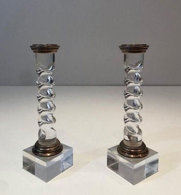 Twisted Candlesticks in Silver Plated Metal and Acrylic Glass, France, 1970s, Set of 2-BA-803684