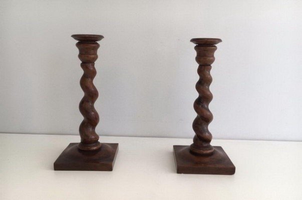 Twisted Wooden Candlesticks, Set of 2-BA-1365772