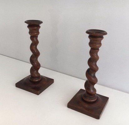 Twisted Wooden Candlesticks, Set of 2-BA-1365772