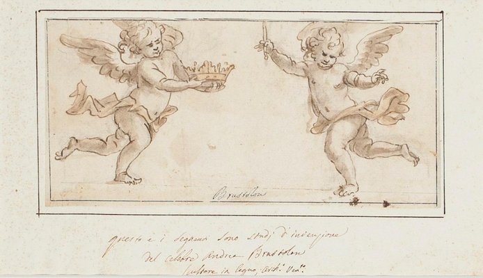 Two Angels - Original Ink and Watercolor Drawing by A. Brustolon - Early 1700 Early 1700-ZCI-761684