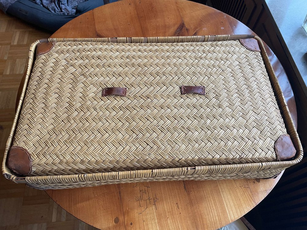 Two-Part Storage Box in Rattan and Leather by Adrien Audoux & Frida Minet, 1930s-XHV-1807171