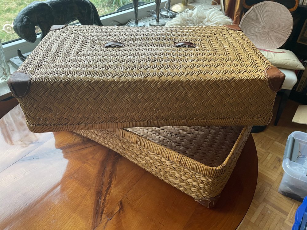 Two-Part Storage Box in Rattan and Leather by Adrien Audoux & Frida Minet, 1930s