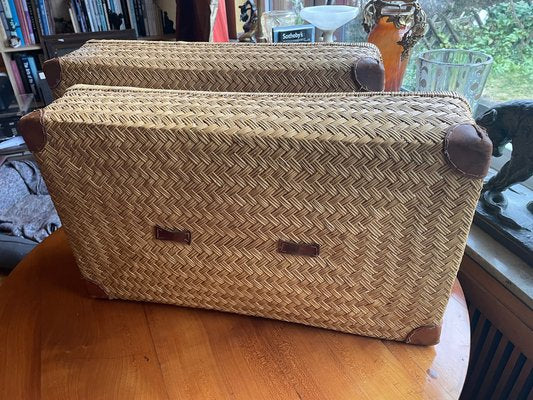 Two-Part Storage Box in Rattan and Leather by Adrien Audoux & Frida Minet, 1930s-XHV-1807171