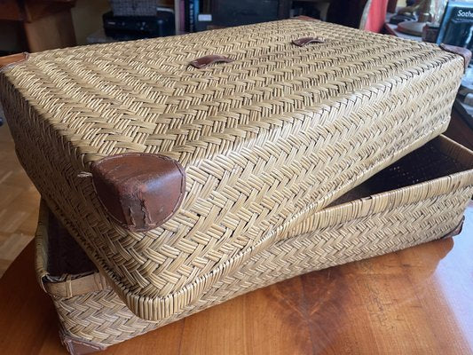 Two-Part Storage Box in Rattan and Leather by Adrien Audoux & Frida Minet, 1930s-XHV-1807171