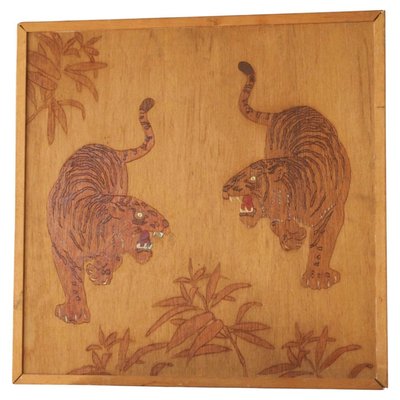 Two Tigers Carving Panel in Wood, 1970s-FEW-2024259