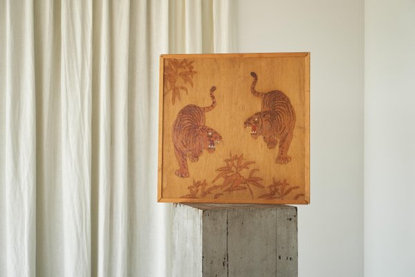 Two Tigers Carving Panel in Wood, 1970s-FEW-2024259