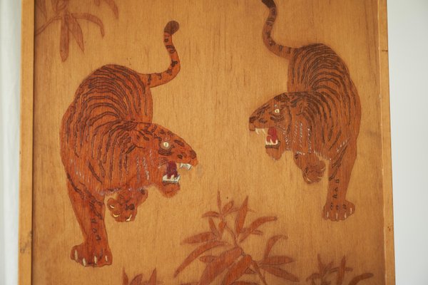 Two Tigers Carving Panel in Wood, 1970s-FEW-2024259