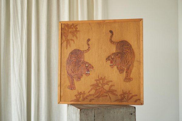 Two Tigers Carving Panel in Wood, 1970s-FEW-2024259