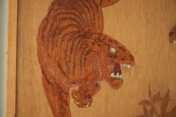 Two Tigers Carving Panel in Wood, 1970s-FEW-2024259