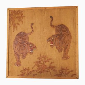 Two Tigers Carving Panel in Wood, 1970s-FEW-2024259