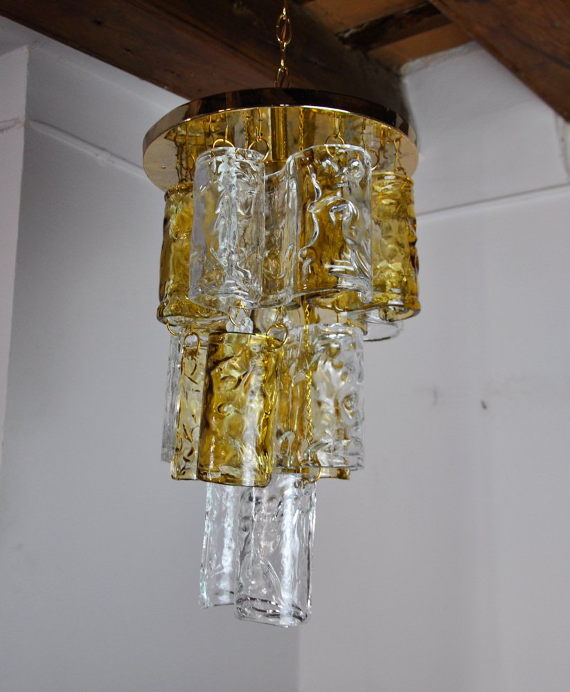 Two-Tone Chandelier in Orange and Transparent Murano Glass attributed to Zero Quattro, 1970s