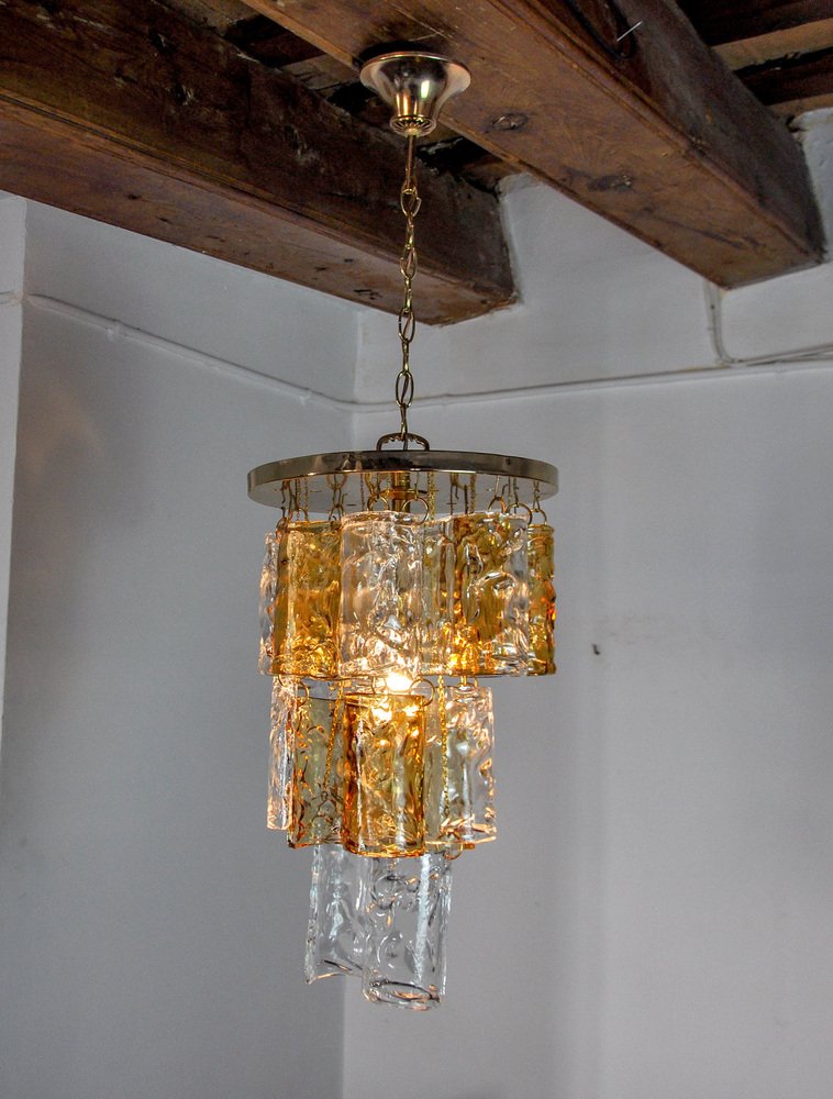 Two-Tone Chandelier in Orange and Transparent Murano Glass attributed to Zero Quattro, 1970s