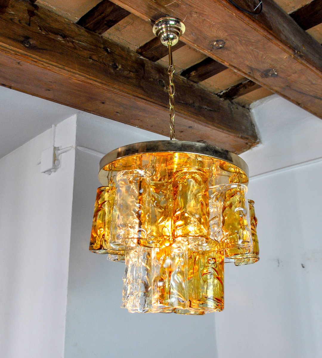 Two-Tone Chandelier in Orange and Transparent Murano Glass attributed to Zero Quattro, Italy, 1970s