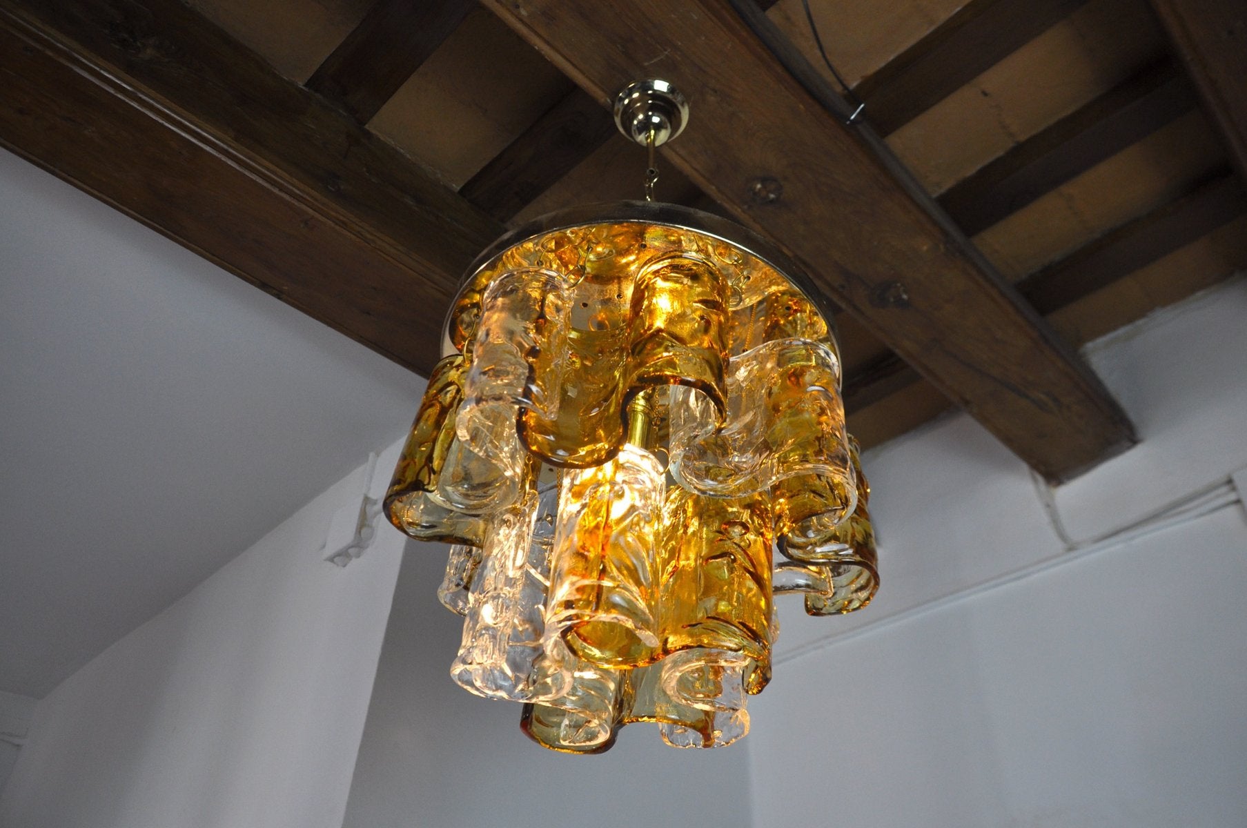 Two-Tone Chandelier in Orange and Transparent Murano Glass attributed to Zero Quattro, Italy, 1970s