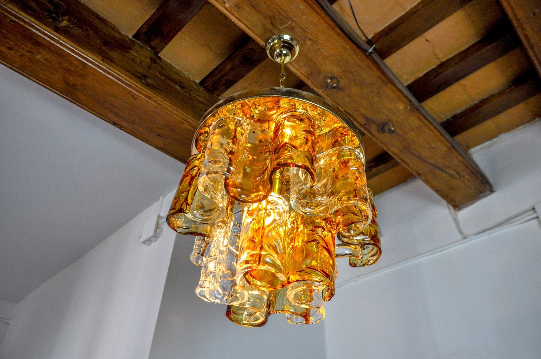 Two-Tone Chandelier in Orange and Transparent Murano Glass attributed to Zero Quattro, Italy, 1970s