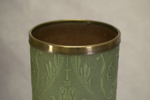 Umbrella Holder Green in Embossed Leather with Floral Decoration by Lincrusta Loreid, 1930s-NEN-2031521