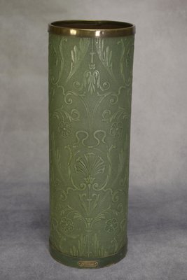 Umbrella Holder Green in Embossed Leather with Floral Decoration by Lincrusta Loreid, 1930s-NEN-2031521