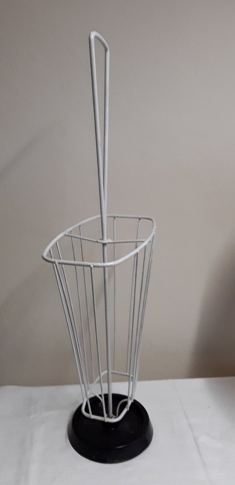 Umbrella Stand with White Lacquered Wire Frame on Plastic-Coated Cast Iron Base, 1970s