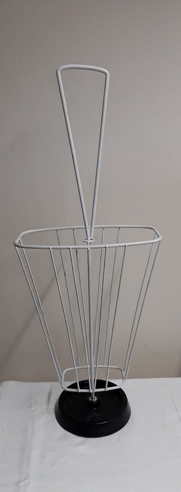 Umbrella Stand with White Lacquered Wire Frame on Plastic-Coated Cast Iron Base, 1970s