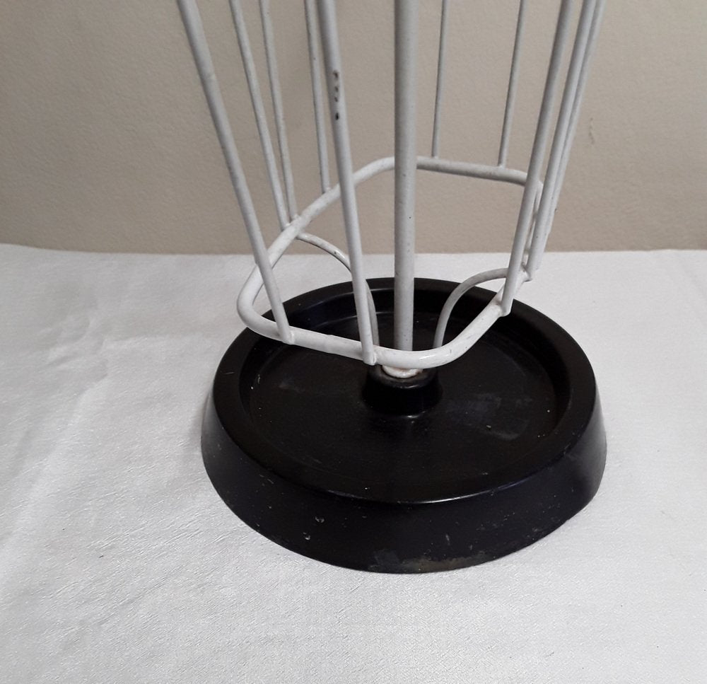 Umbrella Stand with White Lacquered Wire Frame on Plastic-Coated Cast Iron Base, 1970s