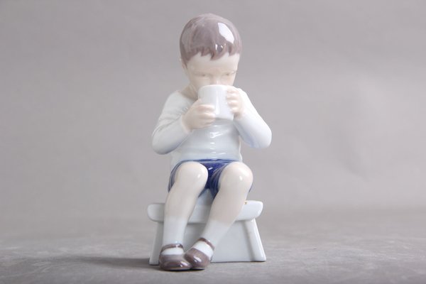 Underglaze Model B&G 1713 Milk-Drinking Boy Figure by Ingeborg Plockross Irminger, Denmark, 1960s-DQ-1351032