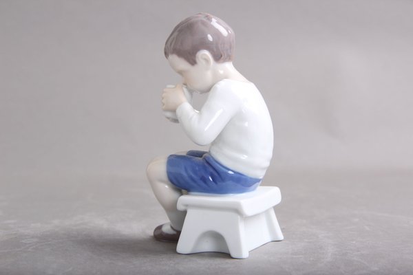 Underglaze Model B&G 1713 Milk-Drinking Boy Figure by Ingeborg Plockross Irminger, Denmark, 1960s-DQ-1351032