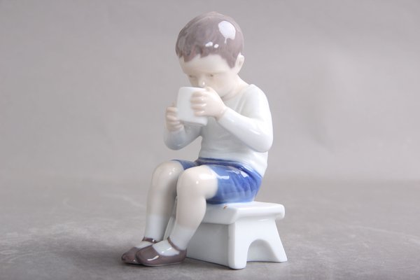 Underglaze Model B&G 1713 Milk-Drinking Boy Figure by Ingeborg Plockross Irminger, Denmark, 1960s-DQ-1351032