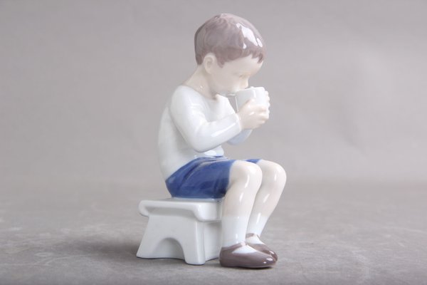 Underglaze Model B&G 1713 Milk-Drinking Boy Figure by Ingeborg Plockross Irminger, Denmark, 1960s-DQ-1351032