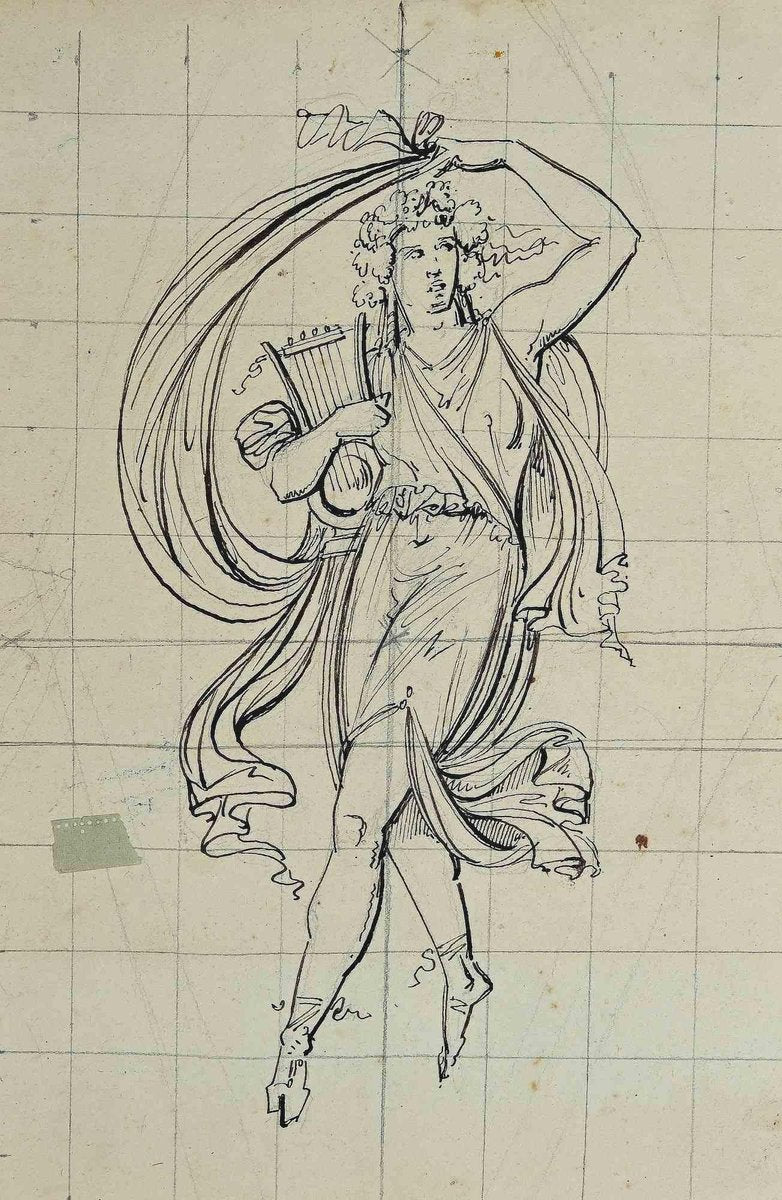 Unknown, Artemis With the Harp, Pen Drawing, Early 20th Century