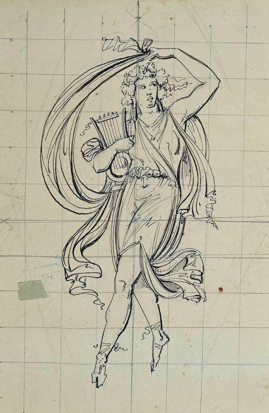 Unknown, Artemis With the Harp, Pen Drawing, Early 20th Century