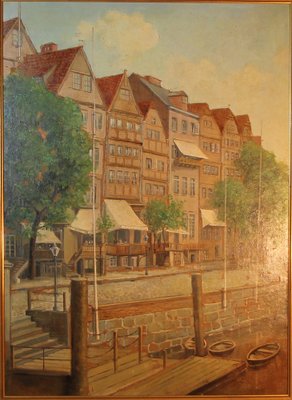 Unknown Artist, Hamburg's Inner Harbor, 1970s, Oil on Cardboard, Framed-ZZV-1818388