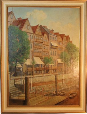 Unknown Artist, Hamburg's Inner Harbor, 1970s, Oil on Cardboard, Framed-ZZV-1818388