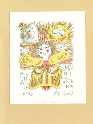 Unknown, Ex Libris Marie Stra, Original Watercolored Lithograph, Late 20th Century-ZCI-1379067