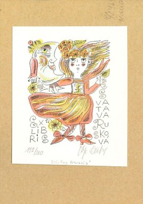 Unknown, Ex Libris Ruskova, Original Watercolored Lithograph, Late 20th Century-ZCI-1379065