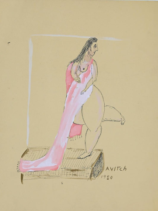 Unknown, Figure of Woman, Tempera and China Ink, Signed Avitch, 1980s