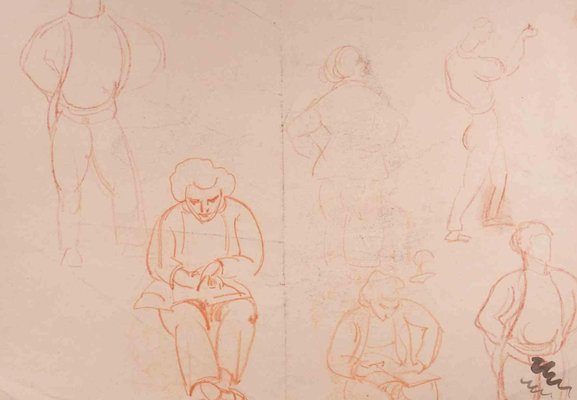 Unknown, Figures, Original Red Pencil Drawing, Early 20th Century-ZCI-1384965