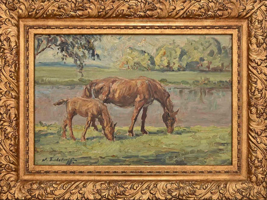 Unknown, Grazing Horses, Original Painting, Early 20th Century, Framed