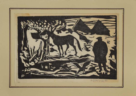 Unknown - Horses - Original Woodcut Print - 1962-ZCI-871312