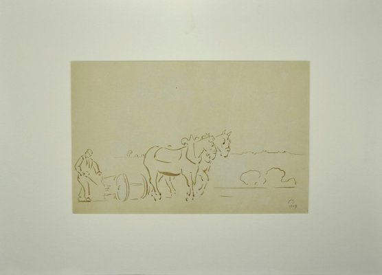 Unknown, Horses With Plough, Watercolor, Late 19th Century-ZCI-904038