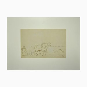 Unknown, Horses With Plough, Watercolor, Late 19th Century-ZCI-904038