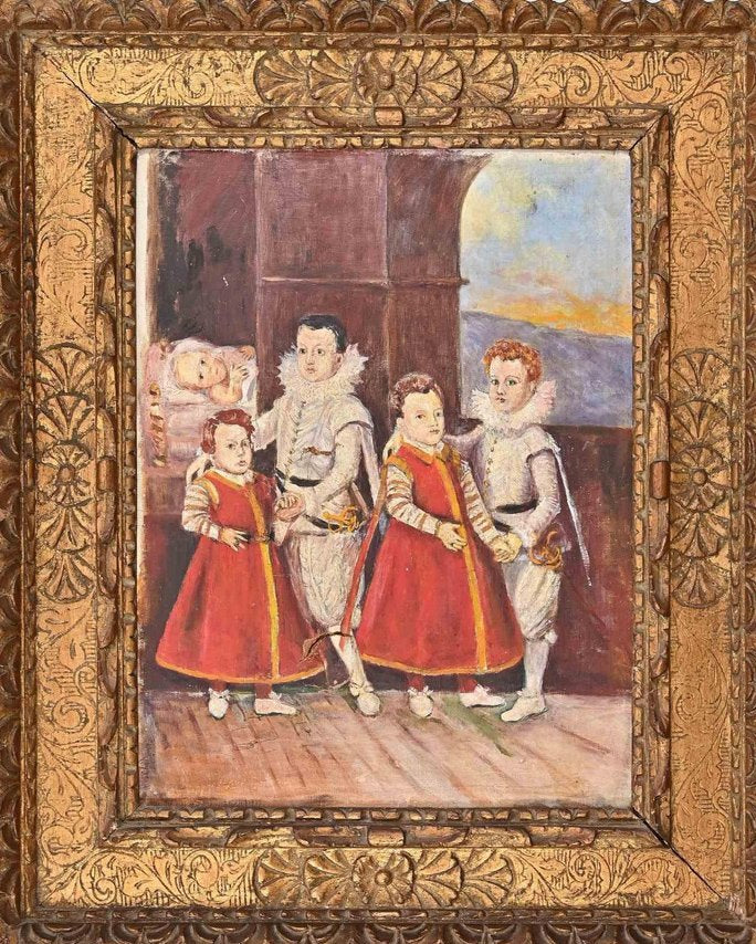 Unknown, Interior with Five Children, Oil Painting on Canvas, 19th Century