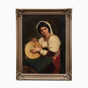 Unknown, Italian Girl with a Tambourine, Original Oil on Canvas, 1900s-ZCI-1379526