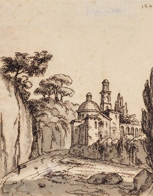 Unknown, Landscape, Rome, Original China Ink and Watercolor, 18th Century-ZCI-812049