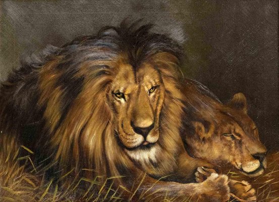 Unknown, Lions, Oil Painting, 1950s-ZCI-2029248