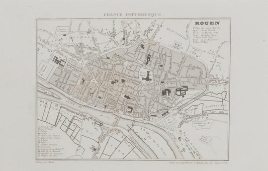 Unknown, Map of Rouen, Original Etching, 19th Century