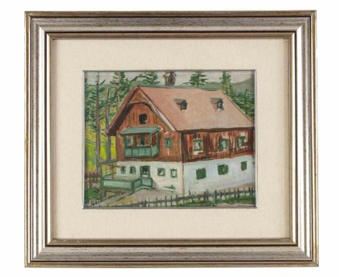 Unknown, Mountain House, Drawing in Tempera, Mid-20th Century, Framed-ZCI-1422421