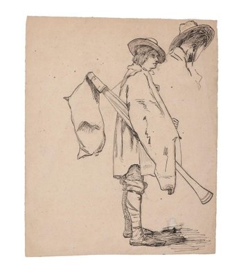 Unknown - Musician - Original Pencil and Pen on Paper - 19th Century-ZCI-834659