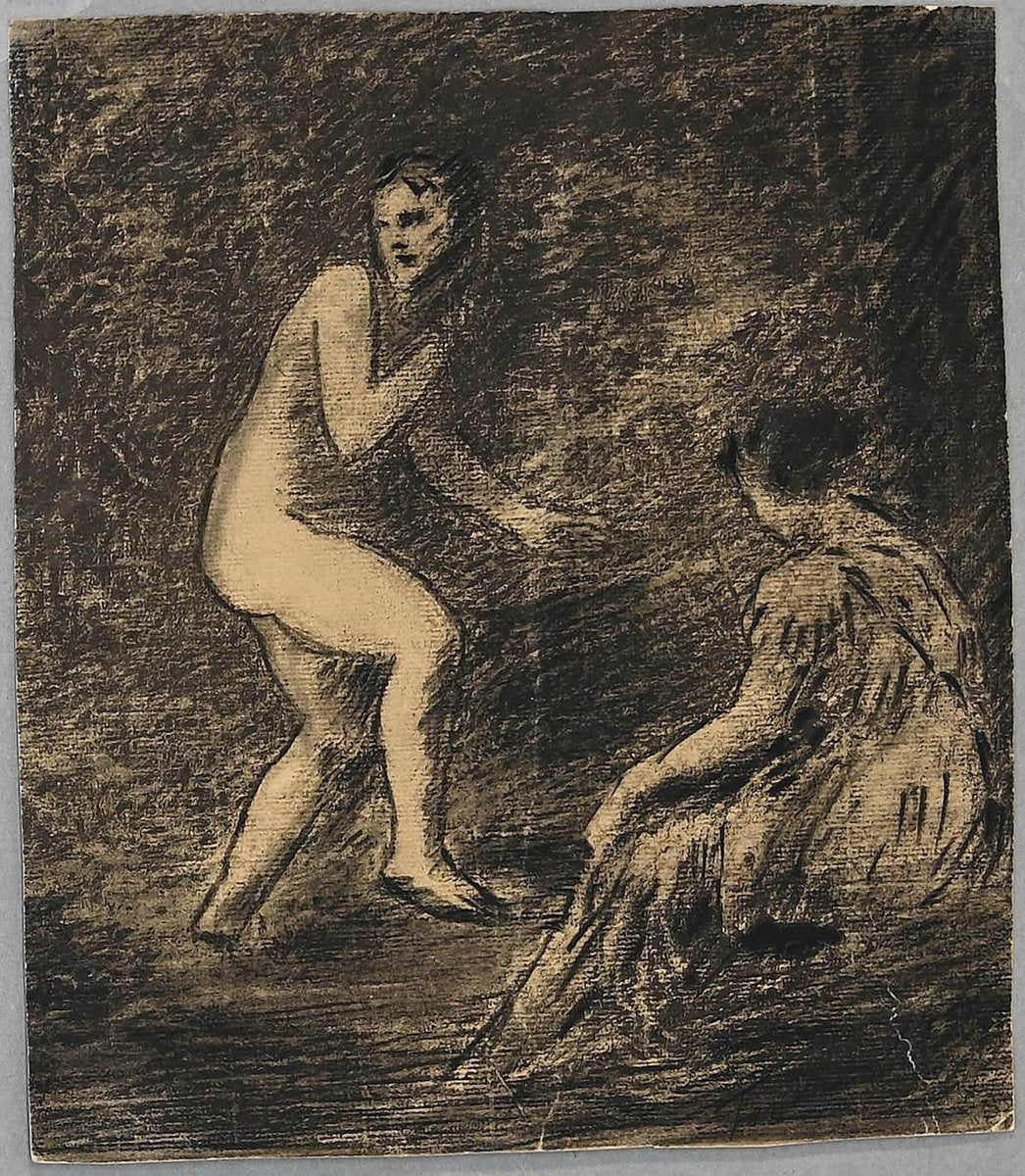 Unknown - Nudes in the Woods - Original Pencil and Charcoal - 19th century